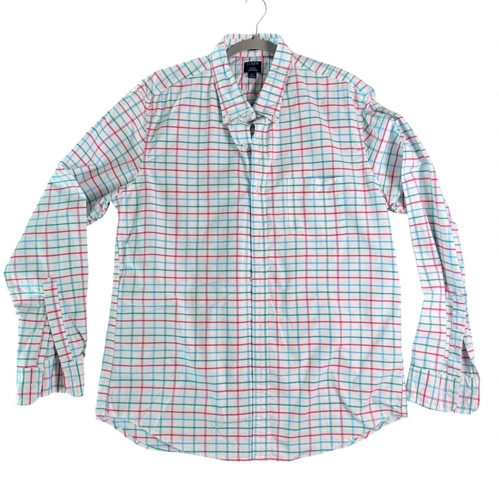 J.Crew Flex Oxford Shirt Mens XL Blue Pink Green‎ Tattersall Check Button Down